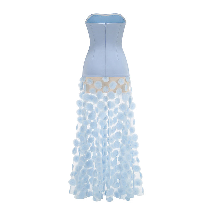 display: Back view of 3D Floral Strapless Dress