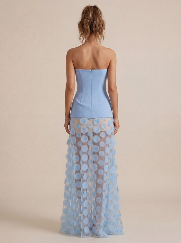 model: Model wearing 3D Floral Strapless Dress
