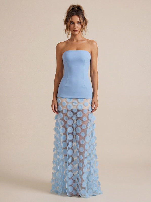 model: Model wearing 3D Floral Strapless Dress