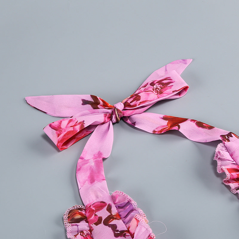 detail: Close-up detail 1 of Halter Floral Maxi Dress in Deep pink