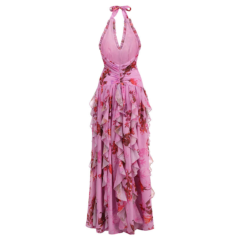 display: Back view of Halter Floral Maxi Dress in Deep pink