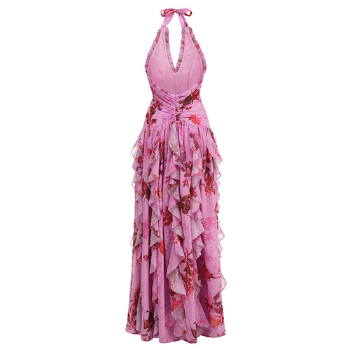 display: Back view of Halter Floral Maxi Dress in Deep pink