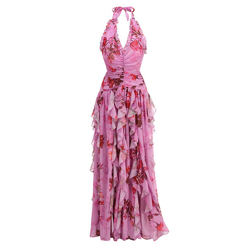 display: Front view of Halter Floral Maxi Dress in Deep pink