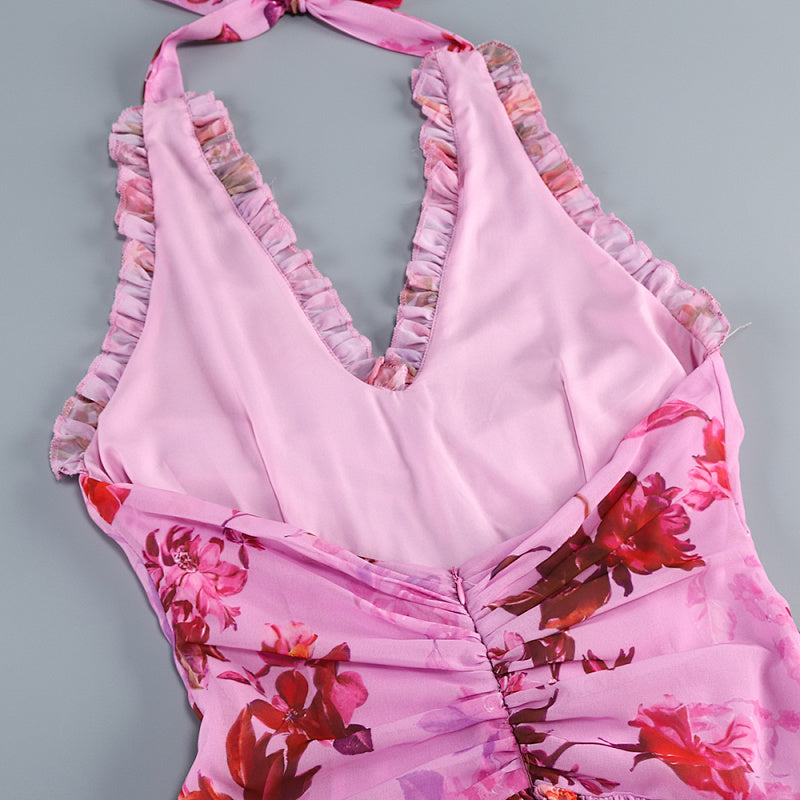  Close-up detail 3 of Halter Floral Maxi Dress in Deep pink