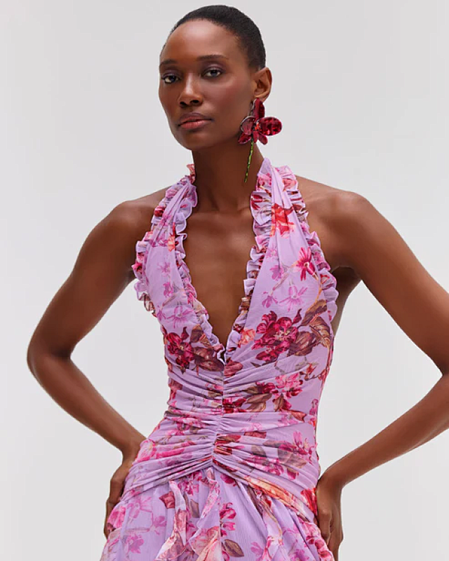 model: Model wearing Halter Floral Maxi Dress in Deep pink