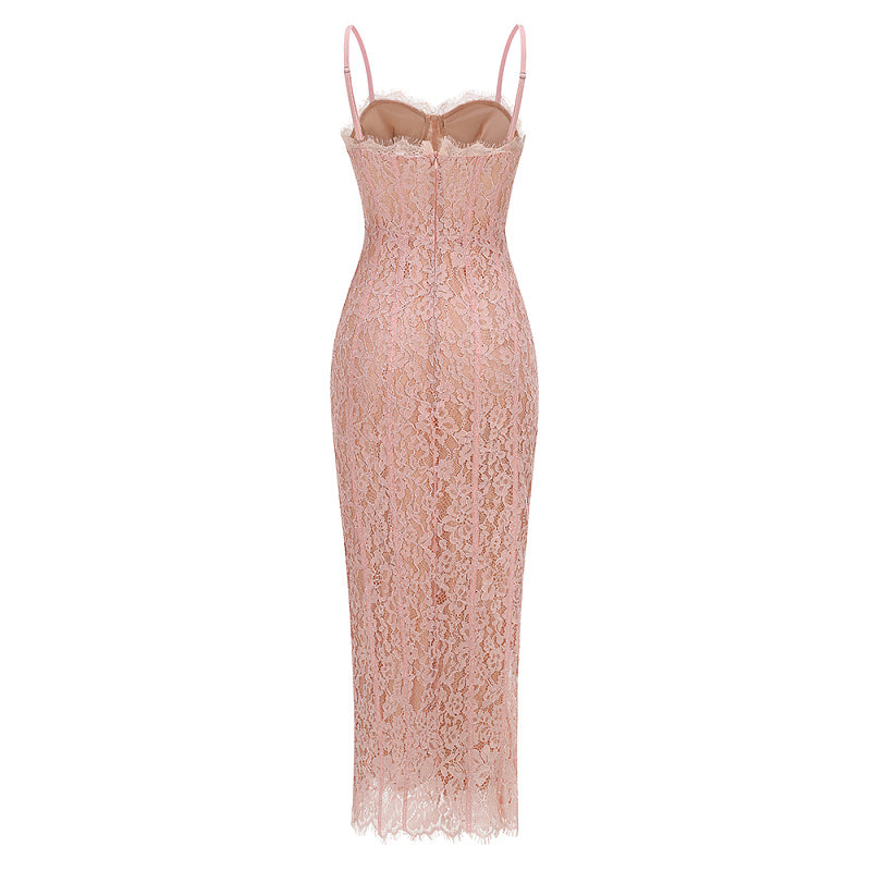 display: Back view of Lace Corset Gown In Pink