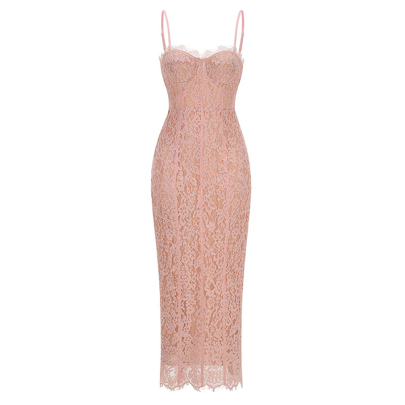 display: Front view of Lace Corset Gown In Pink
