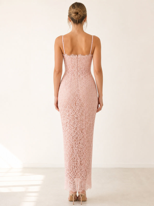 model: Model wearing Lace Corset Gown In Pink, side view