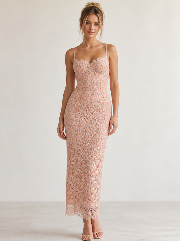 model: Model wearing Lace Corset Gown In Pink