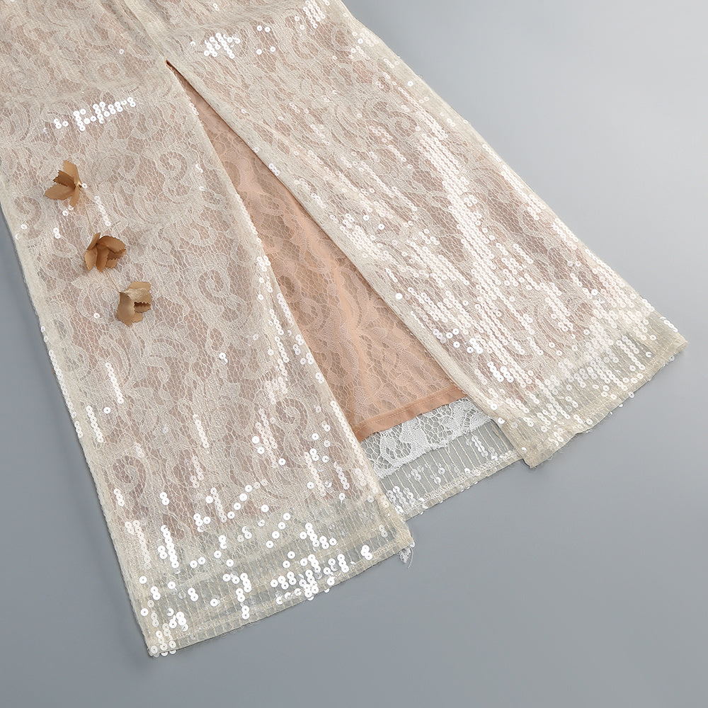  Close-up detail 2 of Champagne Sequin Floral Gown