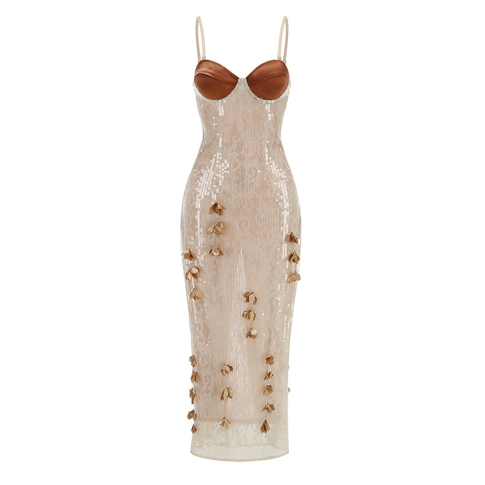 display: Front view of Champagne Sequin Floral Gown