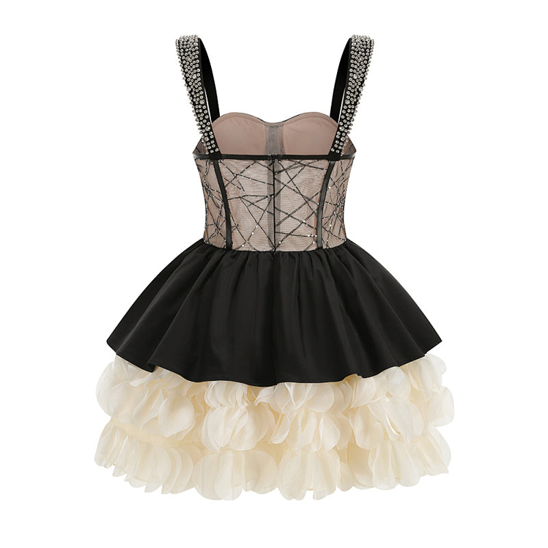 display: Back view of Rhinestone Tiered Party Dress In Black-White