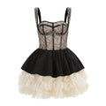display: Front view of Rhinestone Tiered Party Dress In Black-White