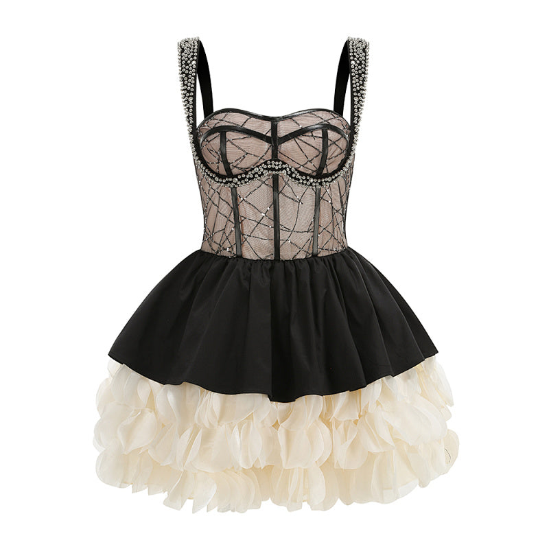 display: Front view of Rhinestone Tiered Party Dress In Black-White