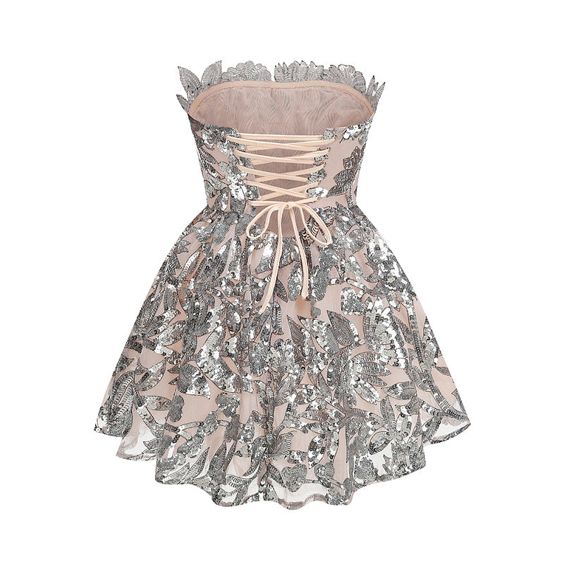 display: Back view of Silver Sequin Mini Gown