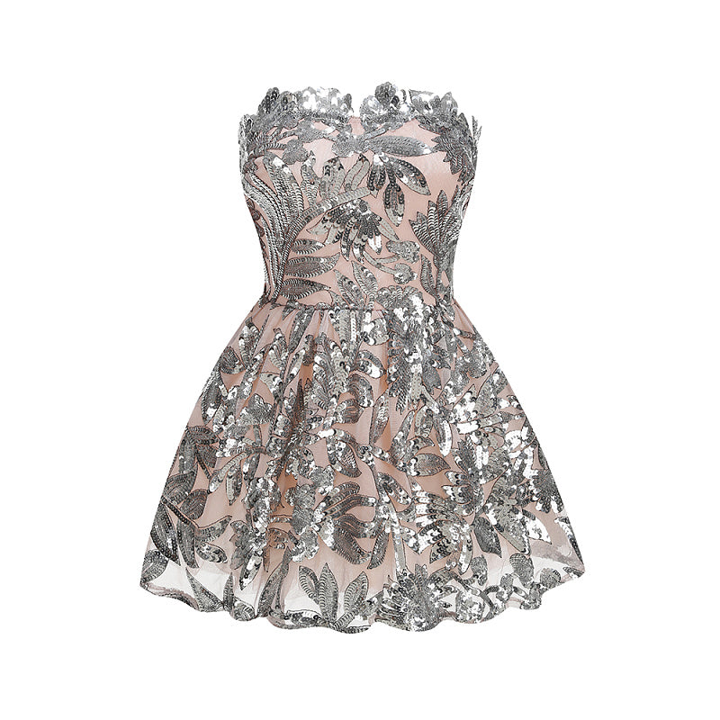 display: Front view of Silver Sequin Mini Gown