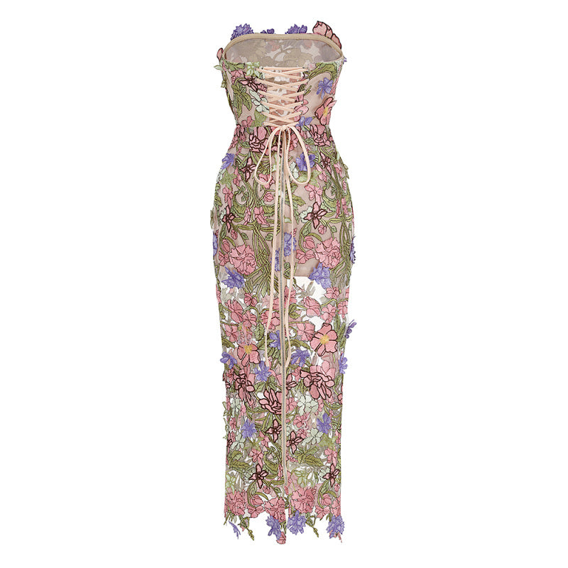 display: Back view of Floral Strapless Midi Dress