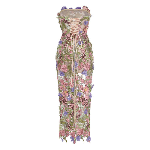 display: Back view of Floral Strapless Midi Dress
