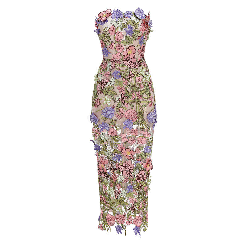 display: Front view of Floral Strapless Midi Dress