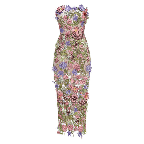 display: Front view of Floral Strapless Midi Dress