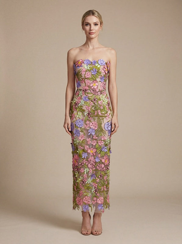 model: Model wearing Floral Strapless Midi Dress