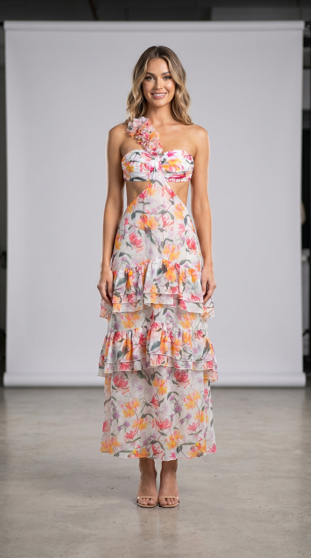 model: Model wearing Floral One-Shoulder Maxi Dress