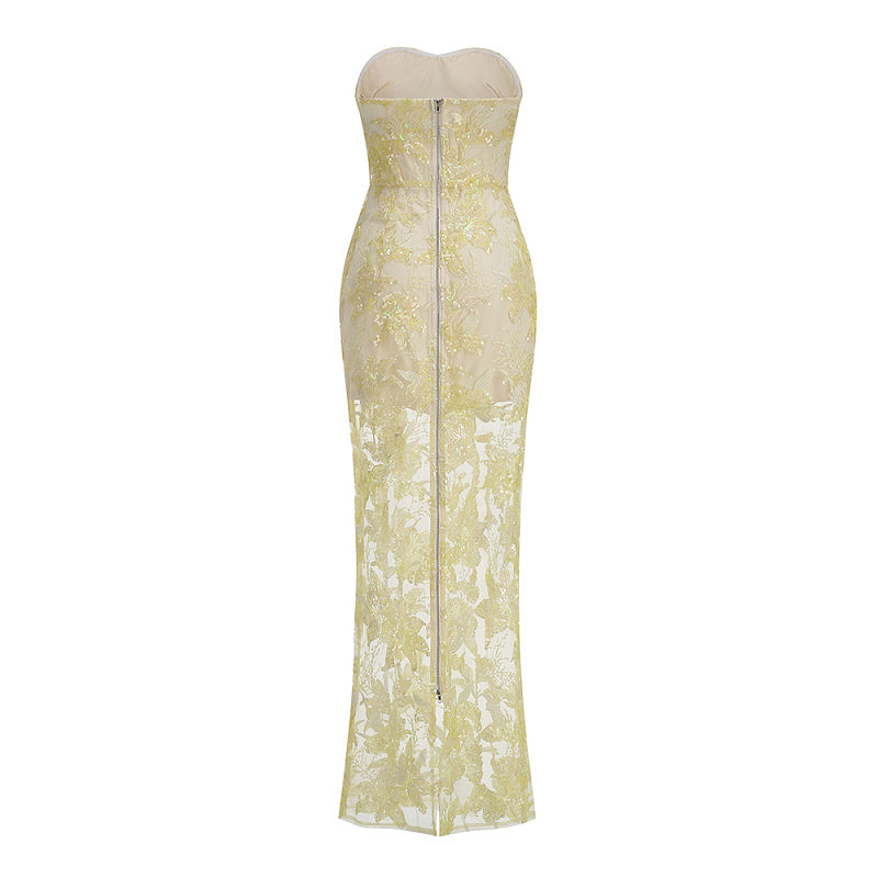 display: Back view of Embroidered Strapless Gown