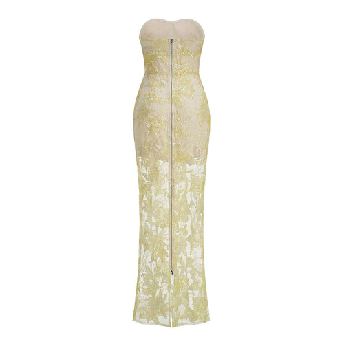 display: Back view of Embroidered Strapless Gown