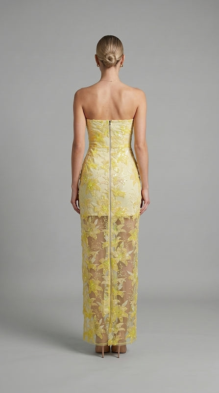 model: Model wearing Embroidered Strapless Gown