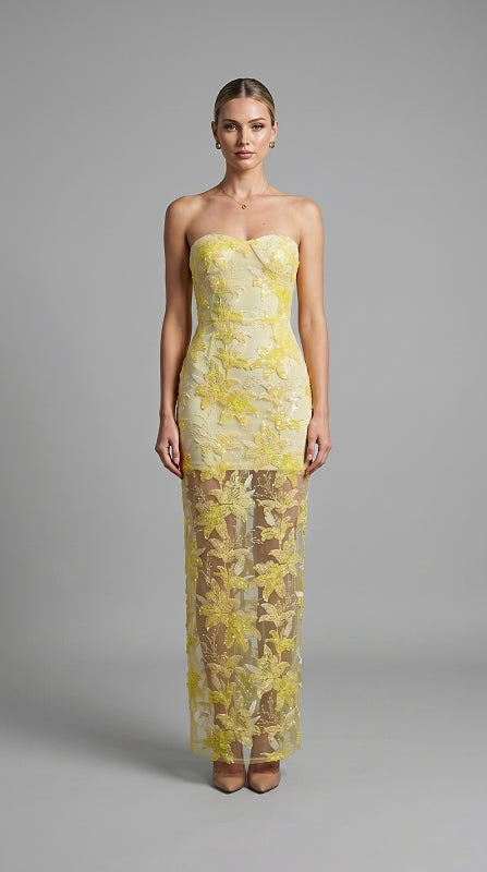 model: Model wearing Embroidered Strapless Gown