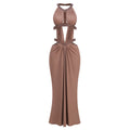 display: Front view of Maillard Rhinestone Cutout Gown In Brown