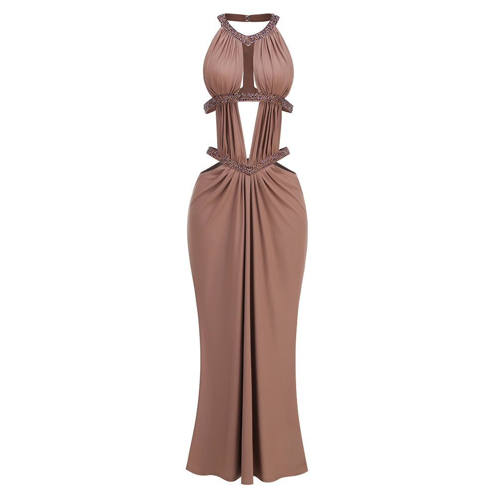 display: Front view of Maillard Rhinestone Cutout Gown In Brown