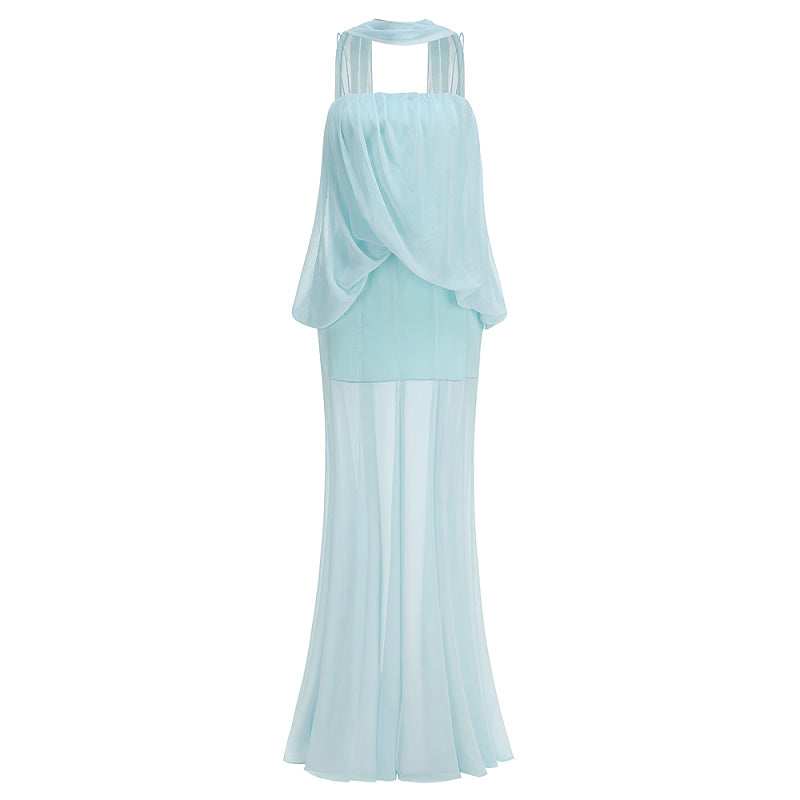 display: Front view of Sheer Sash Halter Maxi Dress