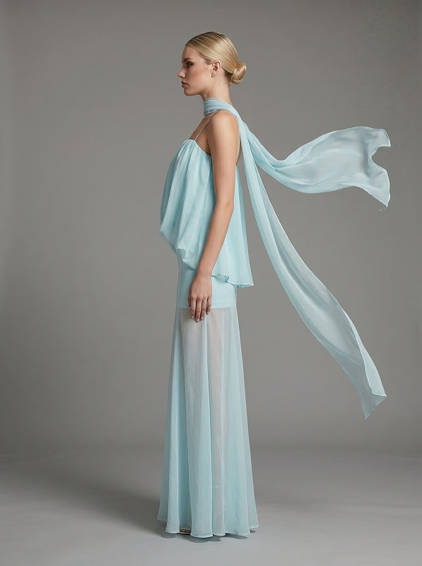 model: Model wearing Sheer Sash Halter Maxi Dress