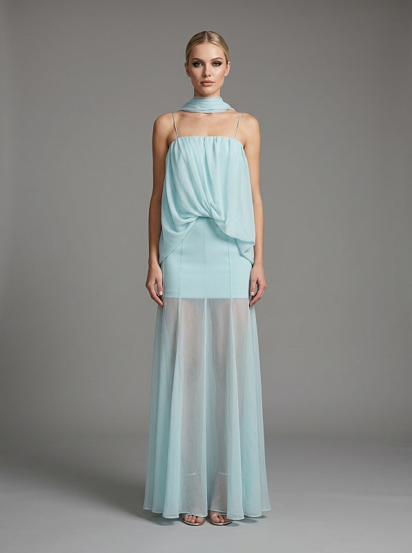 model: Model wearing Sheer Sash Halter Maxi Dress