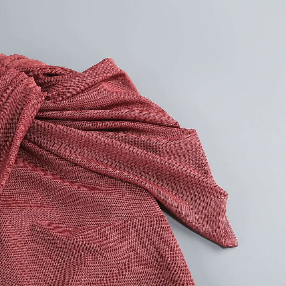 detail: Close-up detail 1 of Mock Neck Ruffle Bodycon Maxi Dress