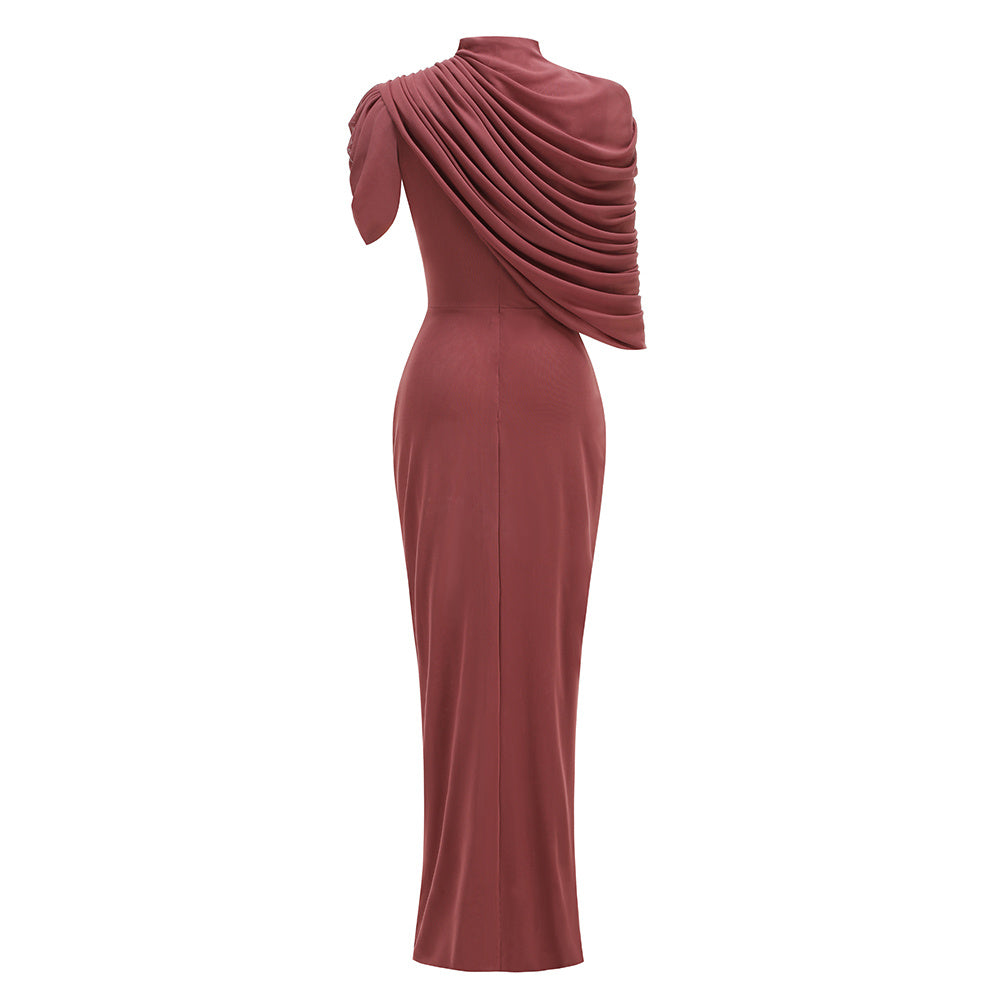 display: Back view of Mock Neck Ruffle Bodycon Maxi Dress
