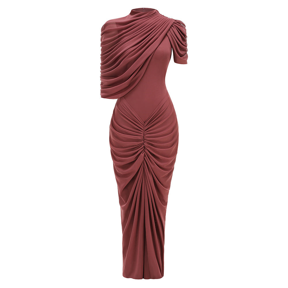 display: Front view of Mock Neck Ruffle Bodycon Maxi Dress